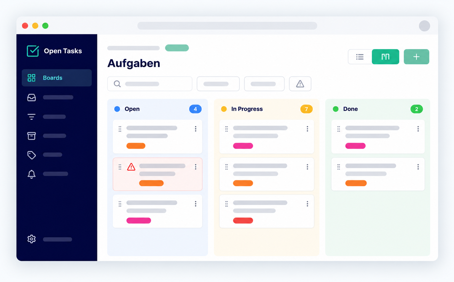 Oberfläche von Open Tasks
